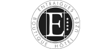 Logo du Boutique Hôtel Entraigues, représentant un cercle noir avec un "E" majuscule au centre.